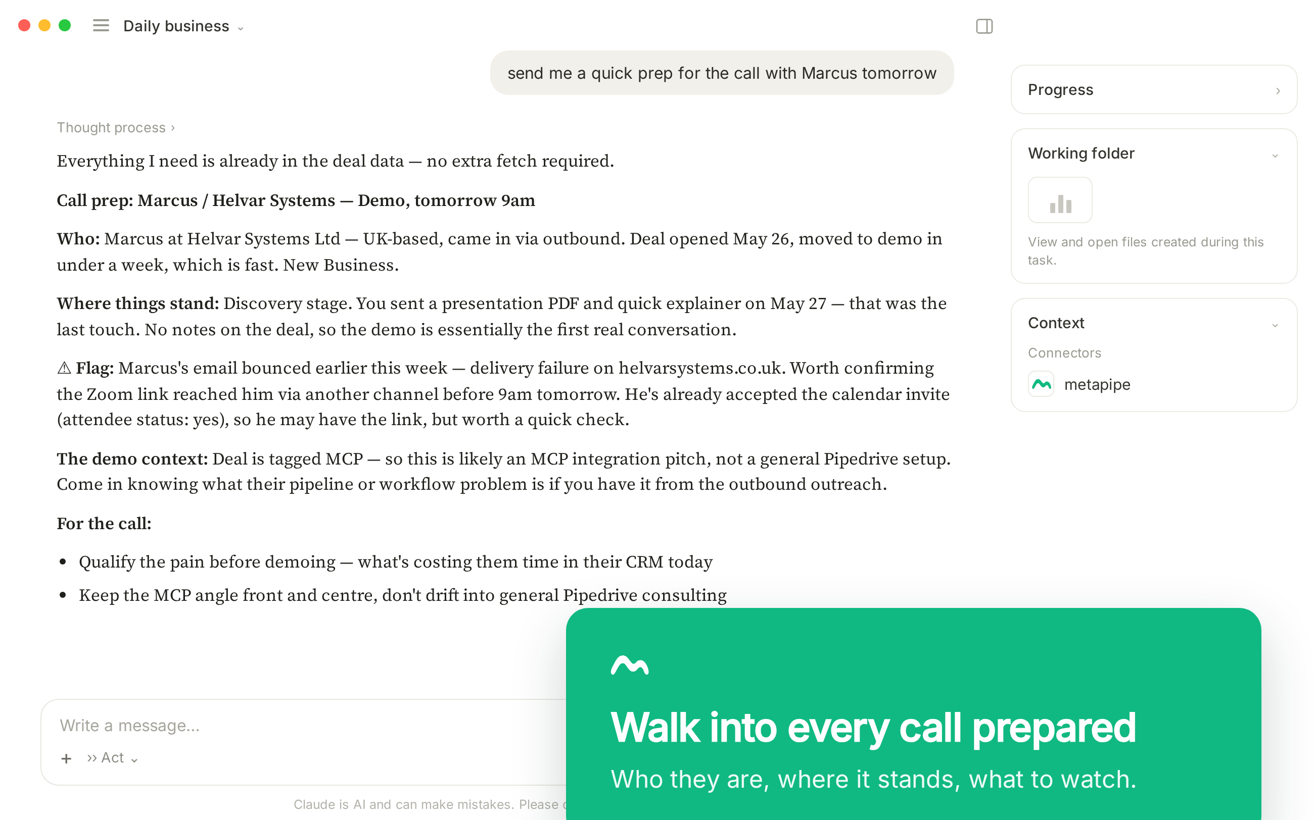 Walk into every call prepared. Who they are, where it stands, what to watch.