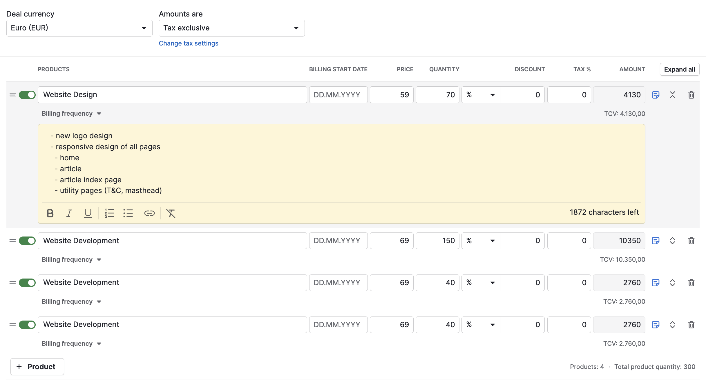 Line items in deals are key for quoting and invoicing