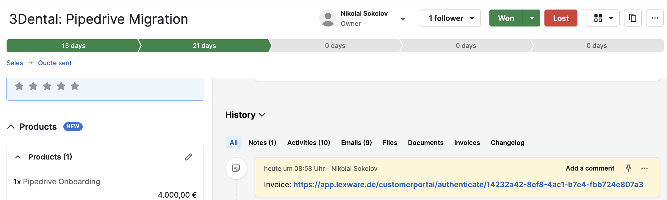 Custom integration allows saving links to invoices in pipedrive