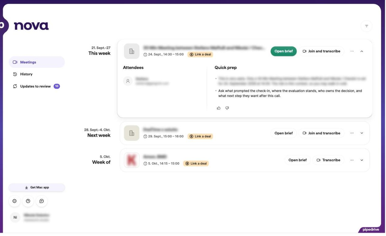 Every upcoming meeting carries a "Link a deal" prompt. Client names blurred.