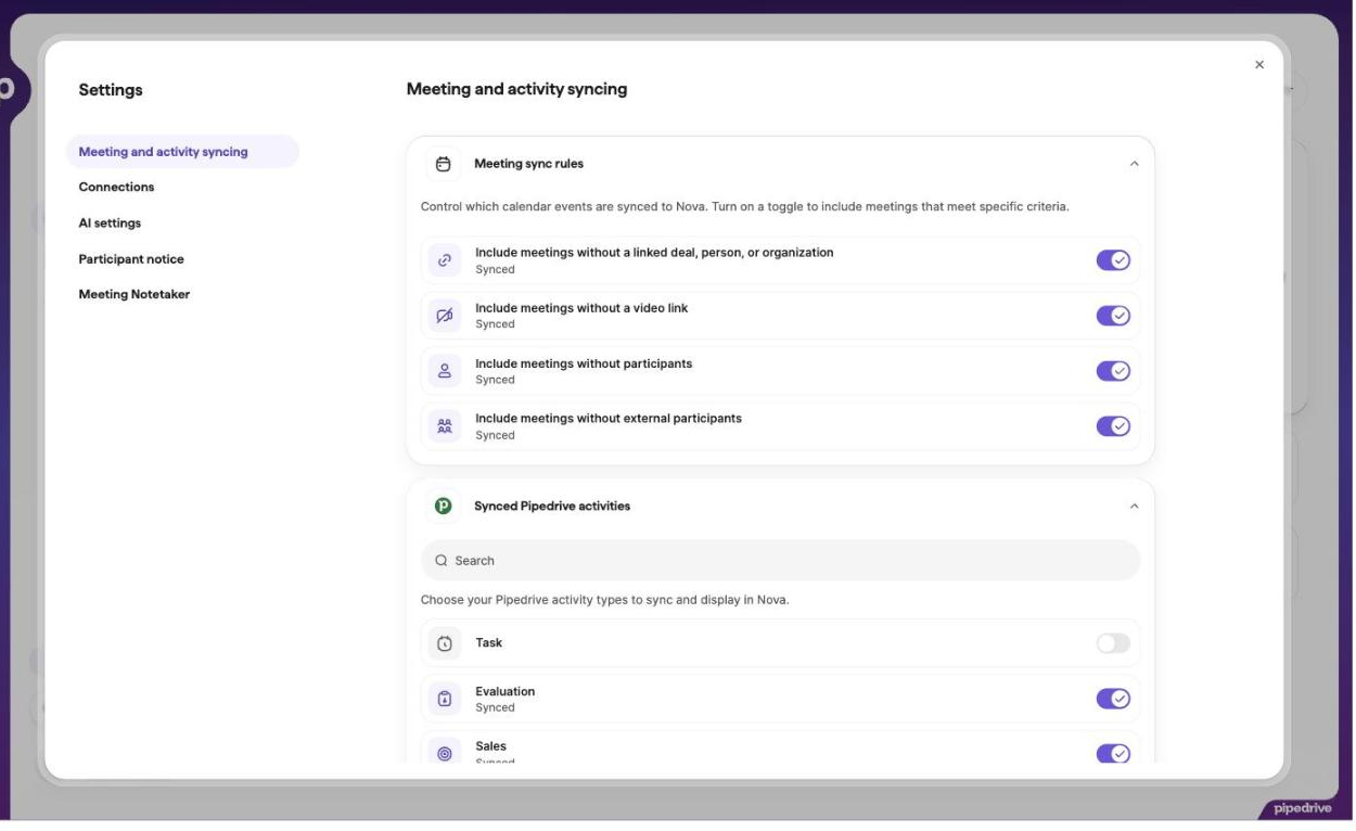 Nova's meeting sync rules. The first toggle decides whether meetings without a linked deal, person or organization reach Nova at all.