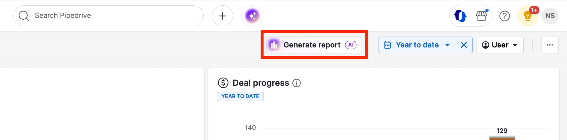 Pipedrive AI report generator button in Insights used to create reports with AI.