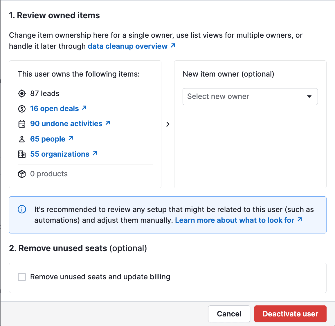 Pipedrive Quick Actions screen showing review of owned items when deactivating a user, including leads, deals, activities, people, and organizations