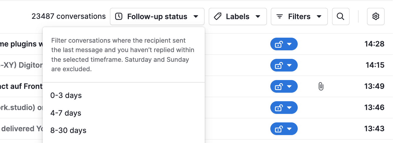 Pipedrive Sales Inbox Follow-Up Filter with 0–3, 4–7 and 8–30 day options