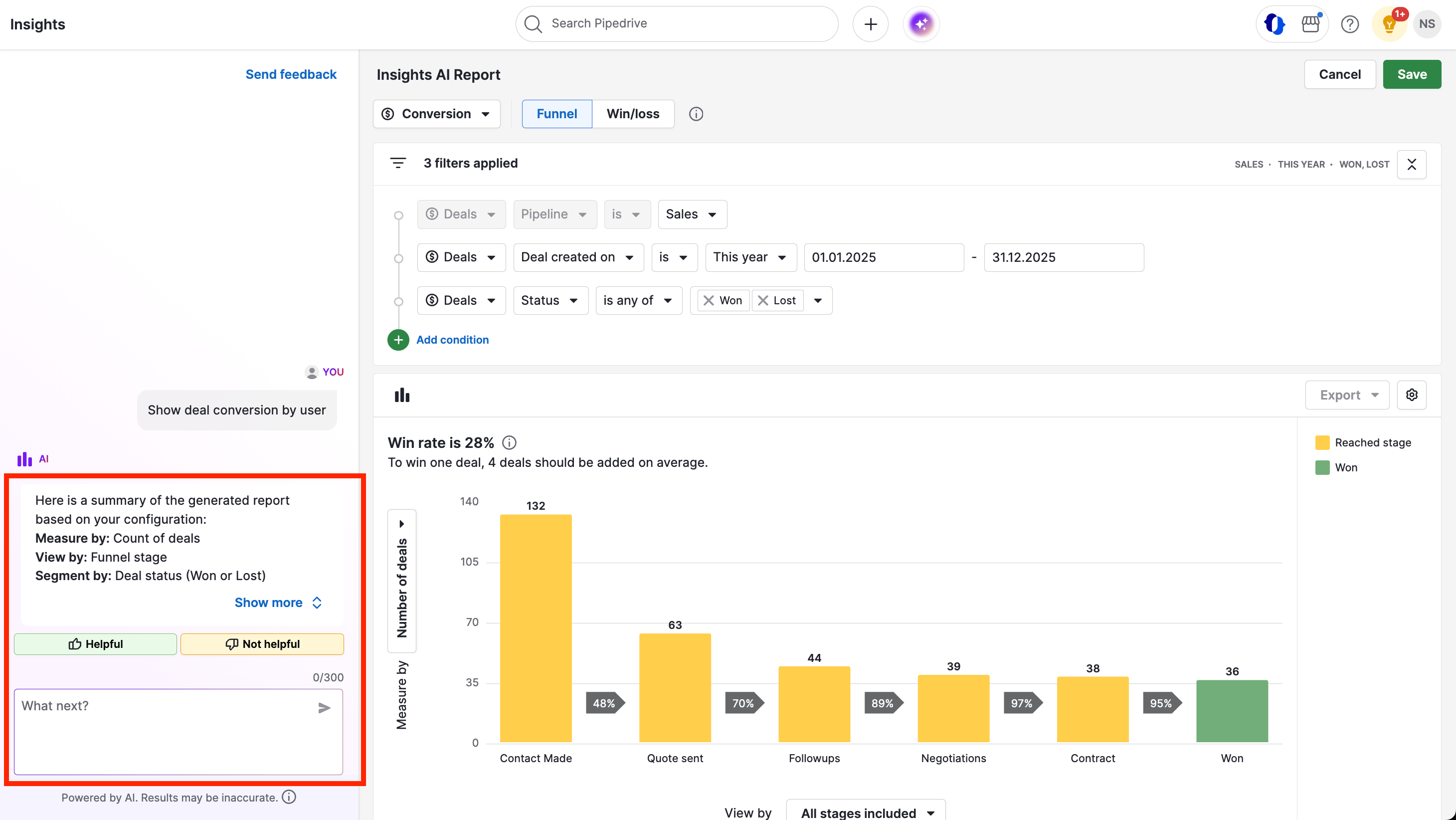 Pipedrive Insights AI report with funnel chart, applied filters, and an AI-generated summary of the report configuration.