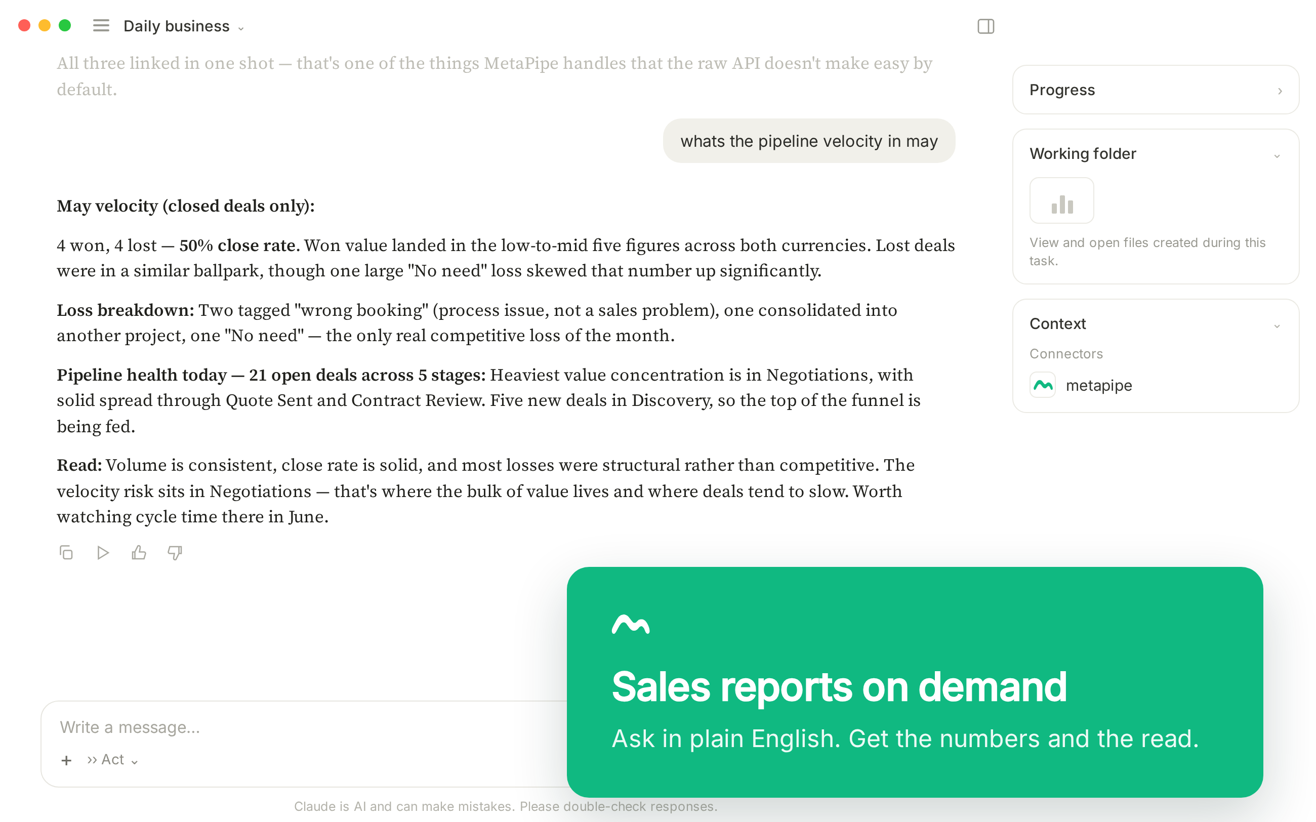Sales reports on demand. Ask in plain English. Get the numbers and the read.