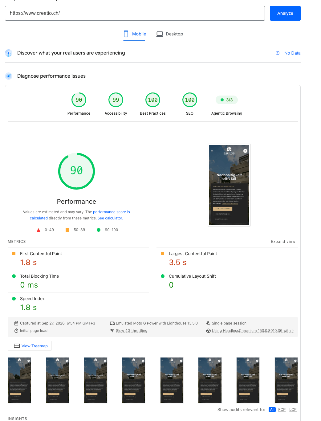 PageSpeed Insights for creatio.ch on mobile: Performance 90, Accessibility 99, Best Practices 100, SEO 100