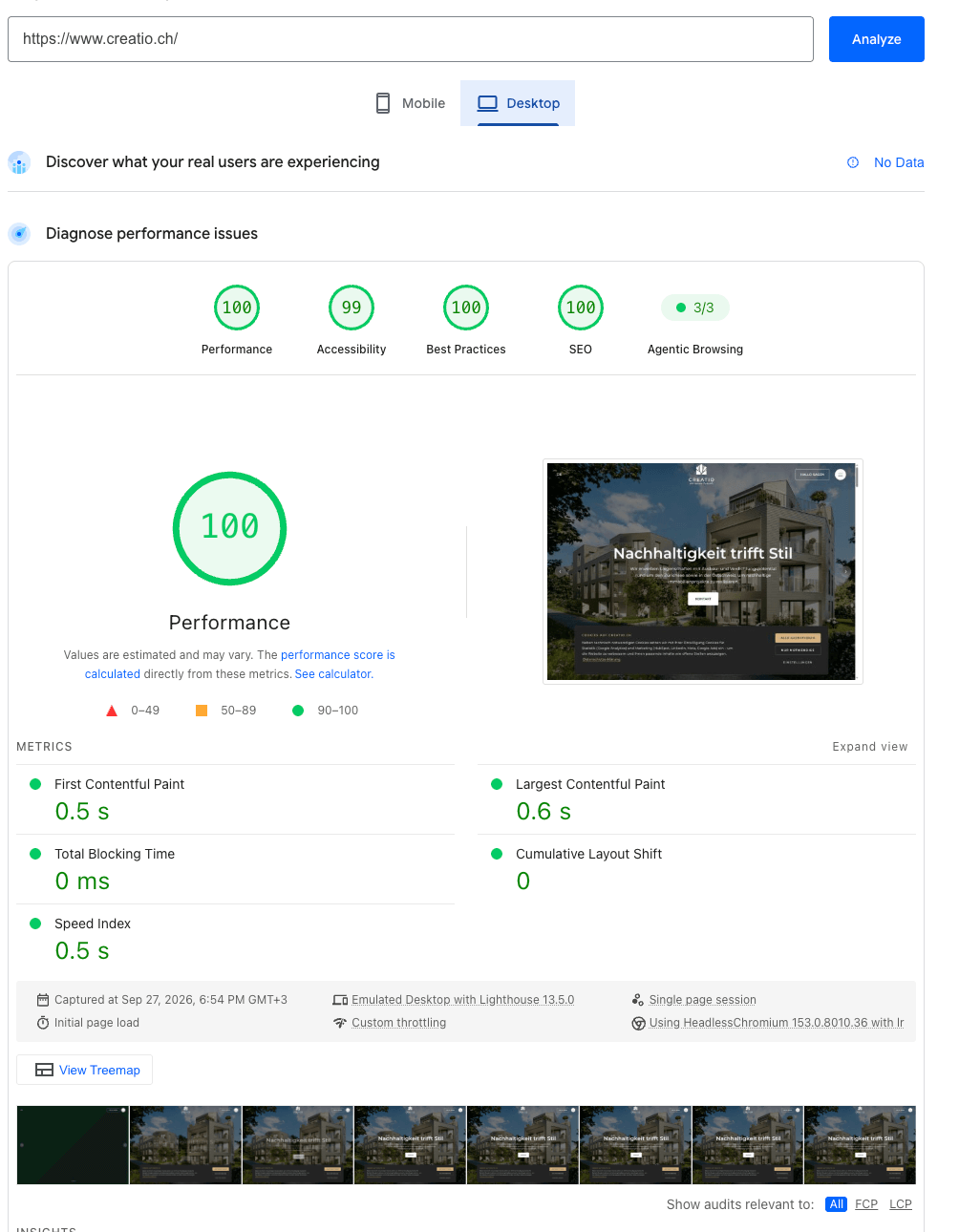 PageSpeed Insights for creatio.ch on desktop: Performance 100, Accessibility 99, Best Practices 100, SEO 100