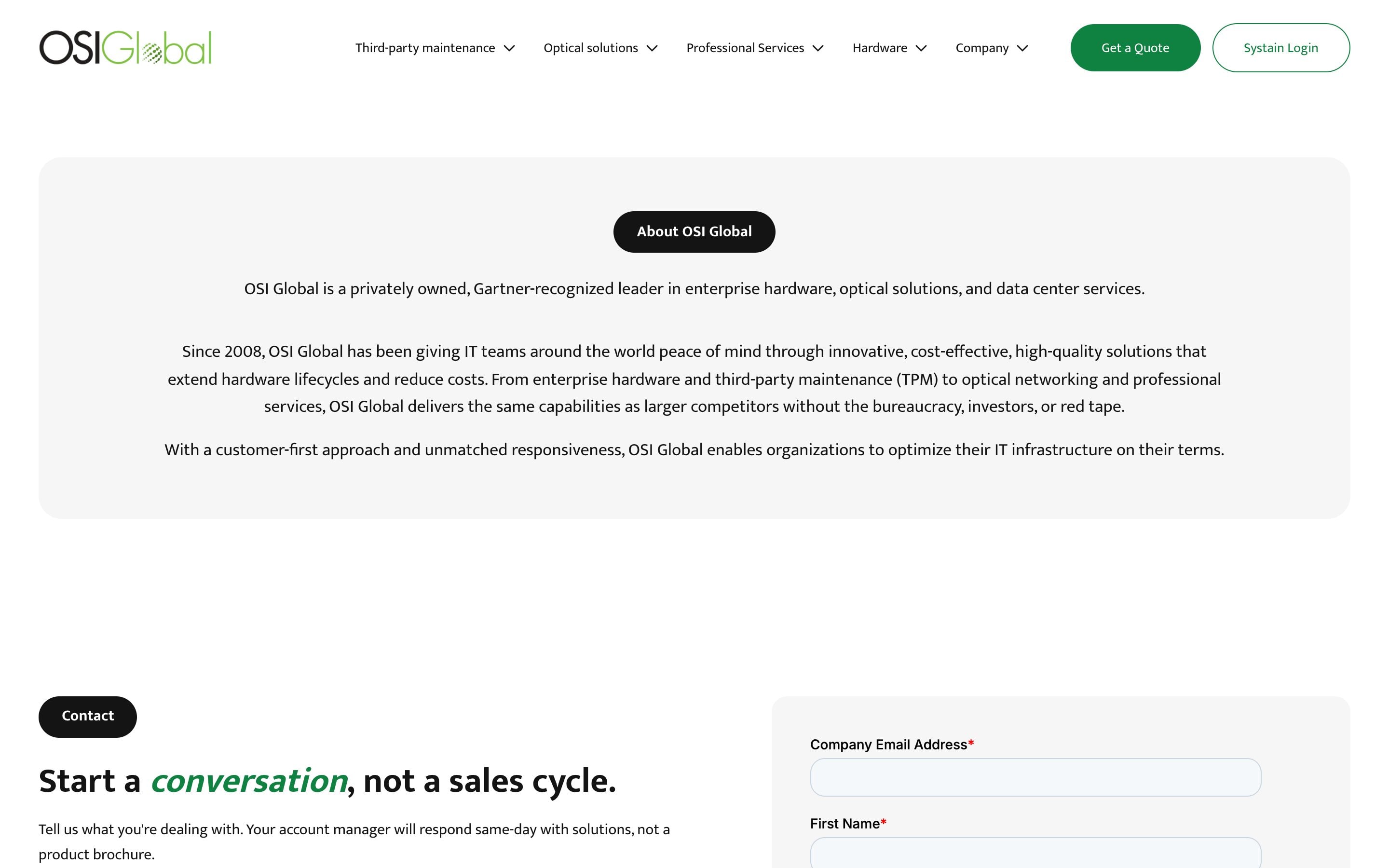 OSI Global quote page with the HubSpot lead capture form