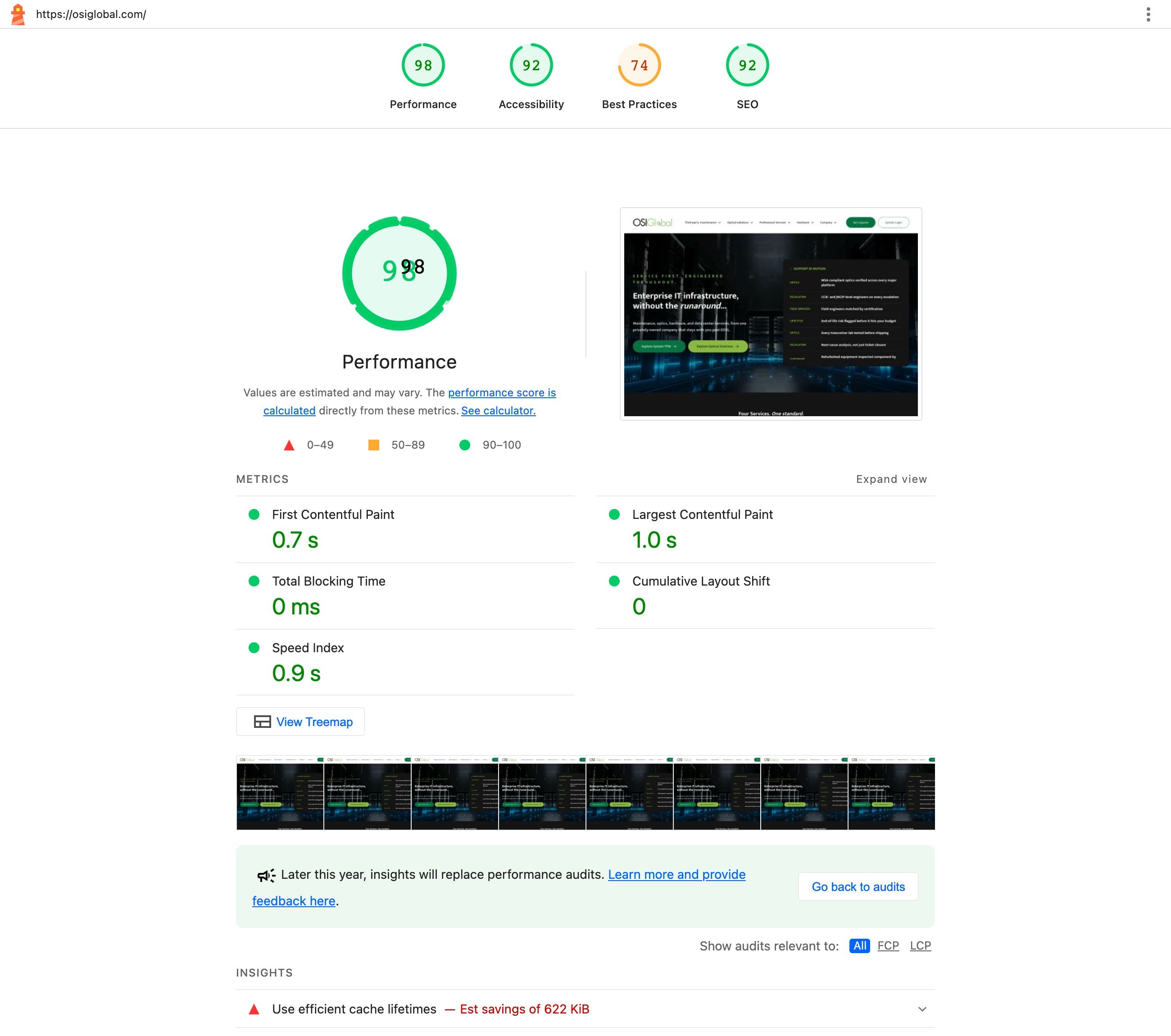 OSI Global desktop performance in Lighthouse: Performance 98, LCP 1.0 s, zero layout shift