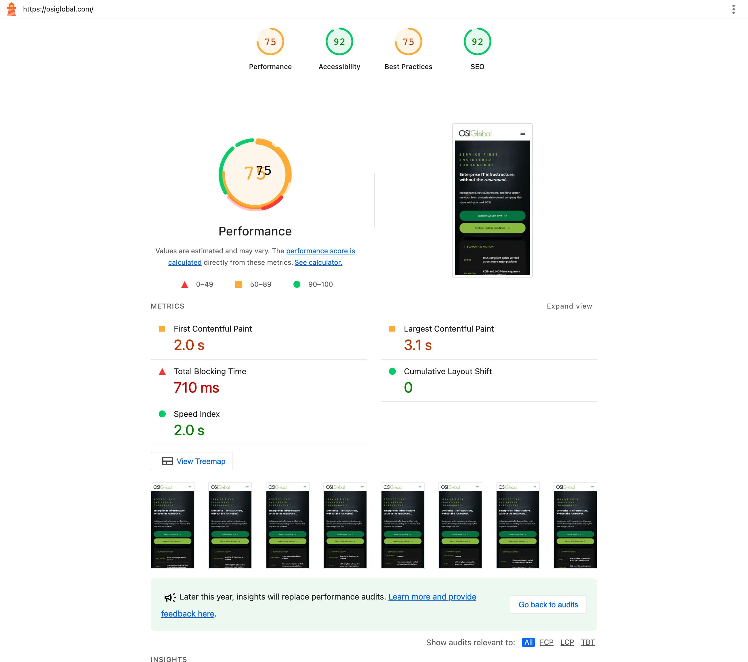 OSI Global mobile performance in Lighthouse: Performance 75, LCP 3.1 s