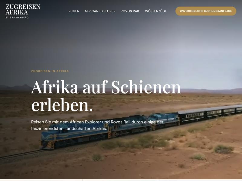 African Explorer homepage, "Afrika auf Schienen erleben", a static Astro site the owner edits through Claude