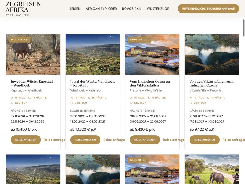 The journey catalog on africanexplorer.de: 44 filterable rail trips with durations, departure dates and prices
