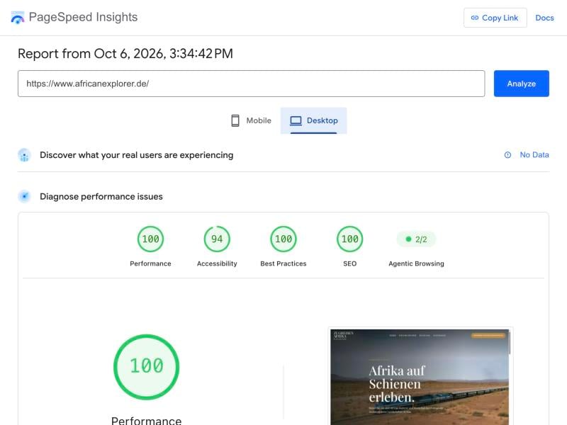 PageSpeed Insights desktop report for africanexplorer.de: Performance 100, SEO 100, Best Practices 100