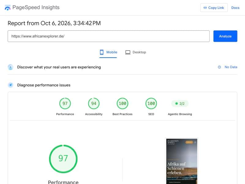 PageSpeed Insights mobile report: Performance 97, SEO 100, Best Practices 100, Agentic Browsing 2 of 2